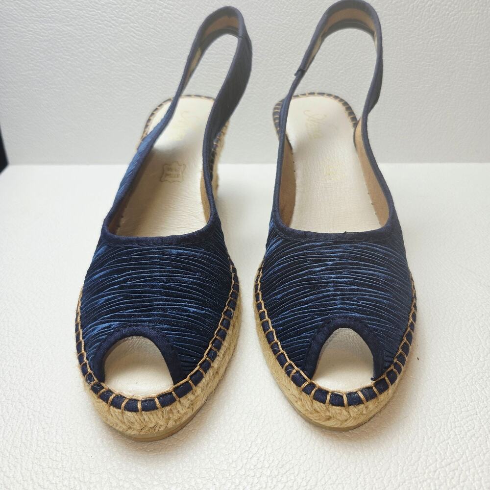 Azura Espadrille Sandals 6.5 Blue Slingback Satin Wedge Peep Toe Jute Spain